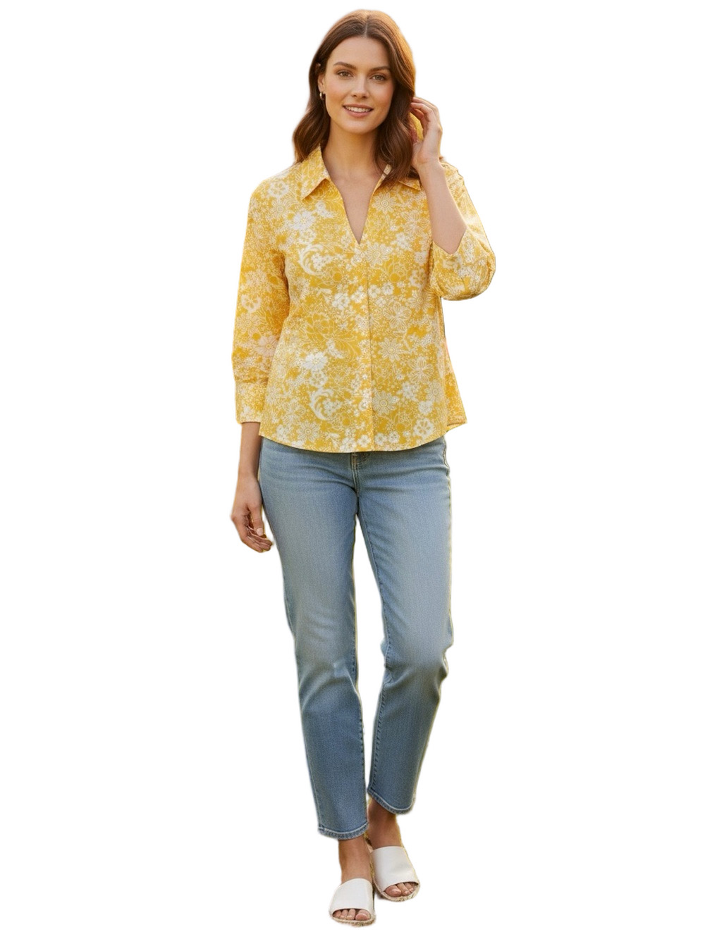 COLDWATER CREEK Top Button Up V Neck Collar Floral Yellow White Women Size M